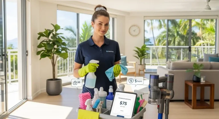 Professional cleaner in Cairns with cleaning supplies representing bond cleaning cost cairns and pricing guide.