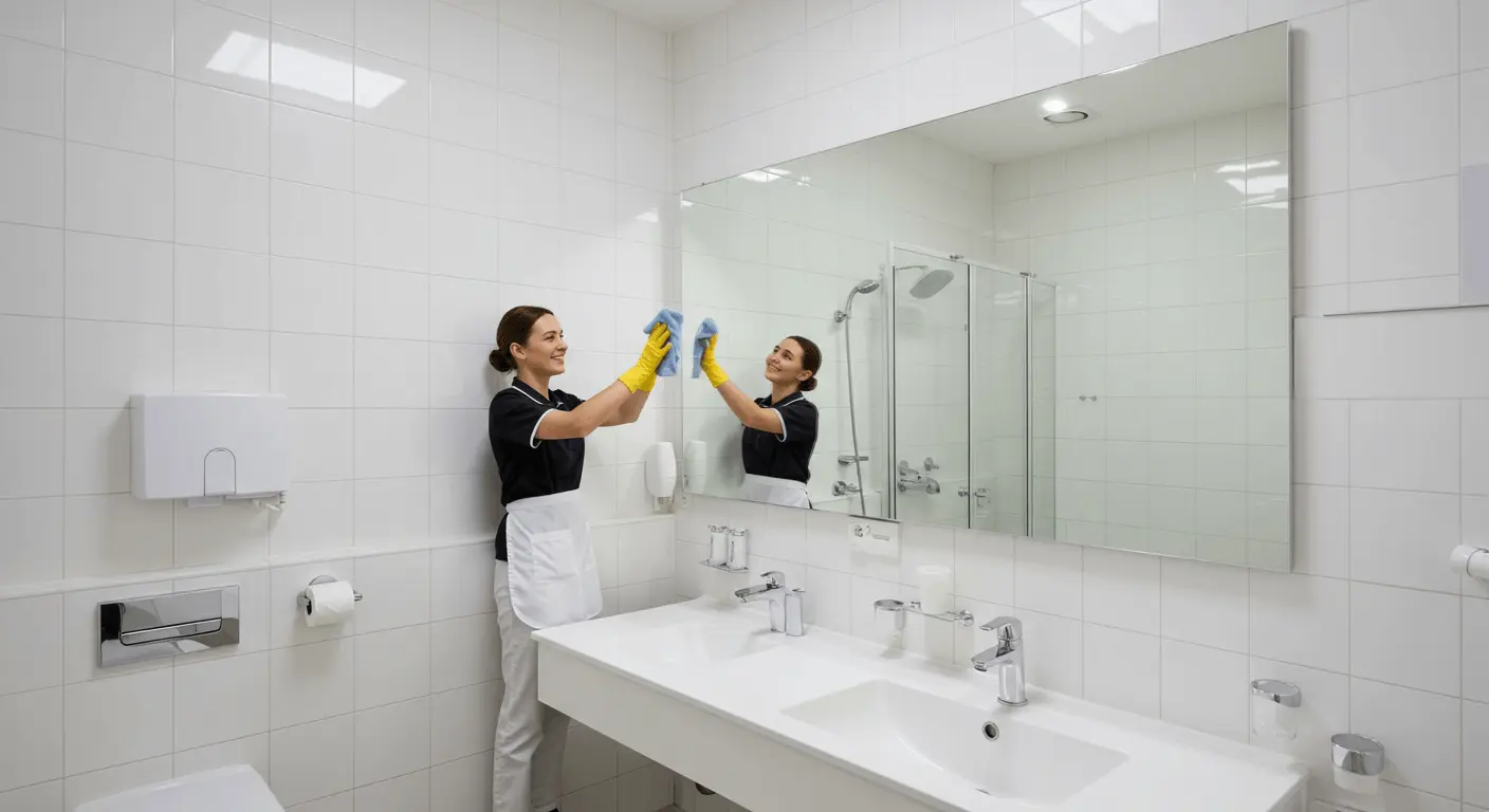 Cleaner polishing bathroom mirror as part of bond cleaning Cairns