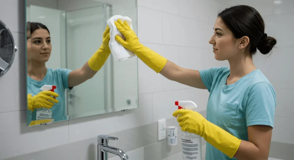 Home cleaner polishing bathroom mirror in Cairns