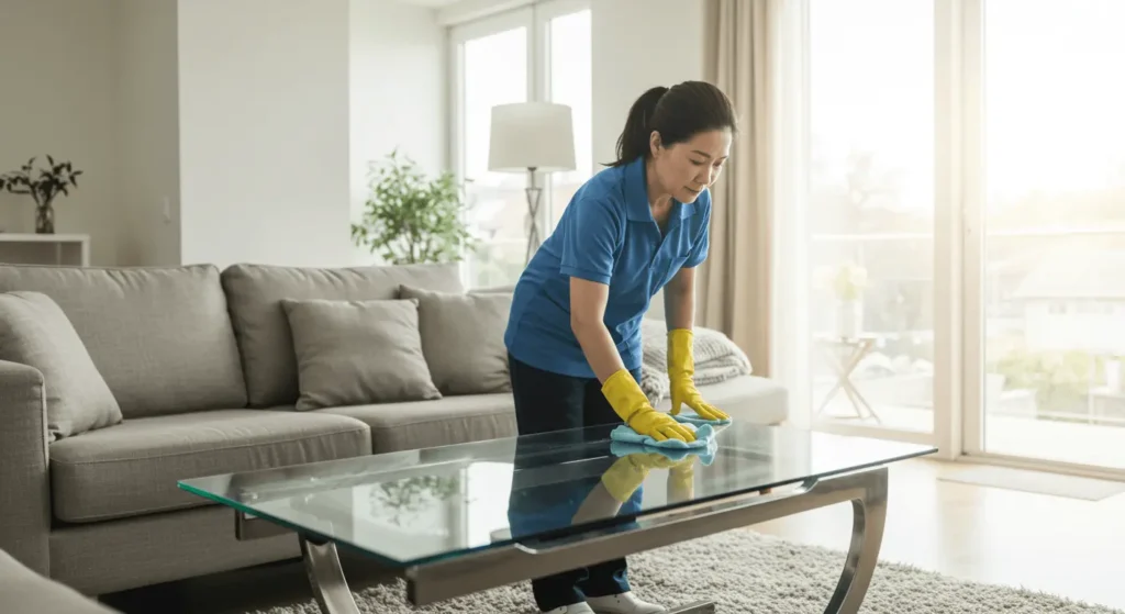 Cleaner wiping coffee table during bond cleaning in Cairns living room