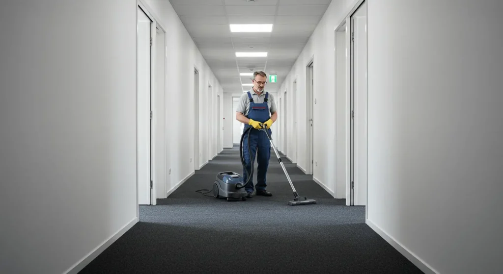 Cleaner vacuuming office hallway in Cairns commercial building