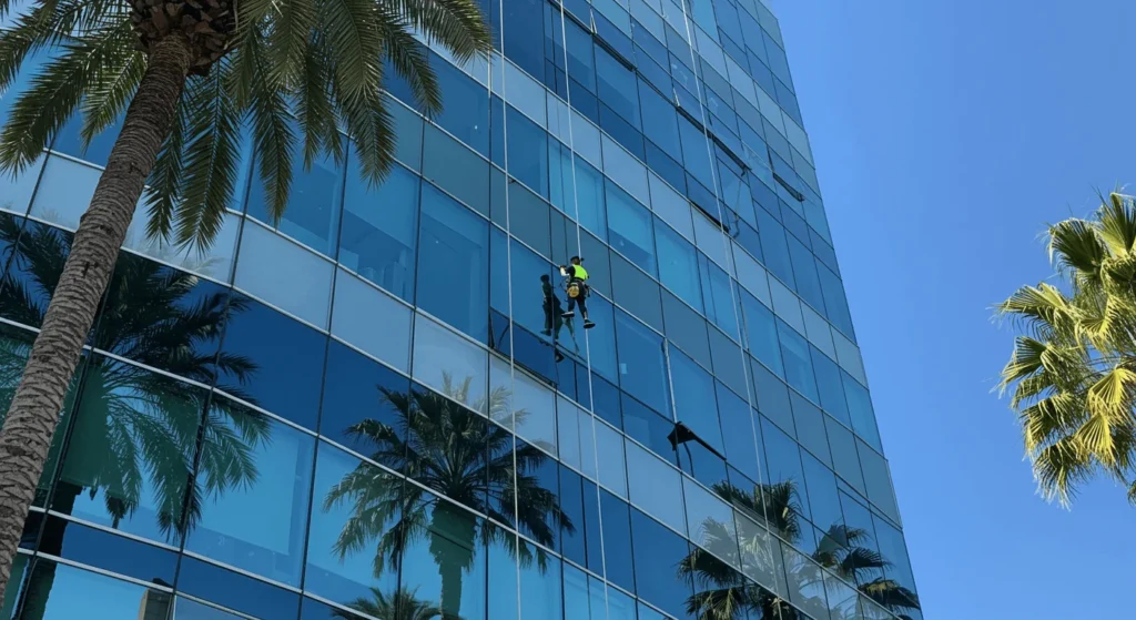 Cleaner working on tall office building glass windows in Cairns