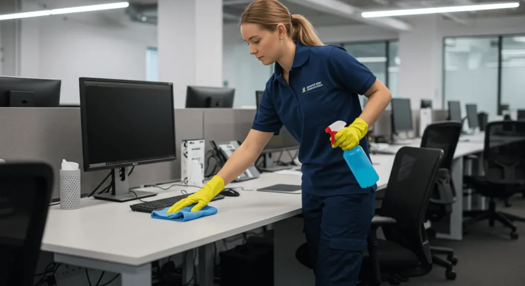 Office cleaner disinfecting workstation in a Cairns office
