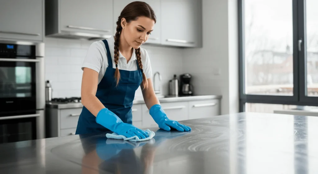 Professional home cleaner wiping kitchen countertop in Cairns