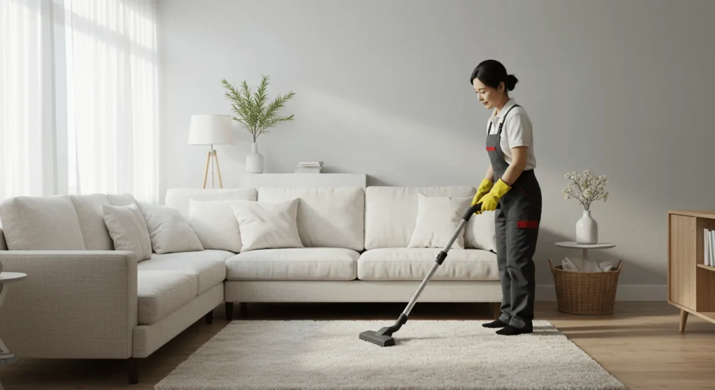 Cleaner vacuuming living room during house cleaning in Cairns