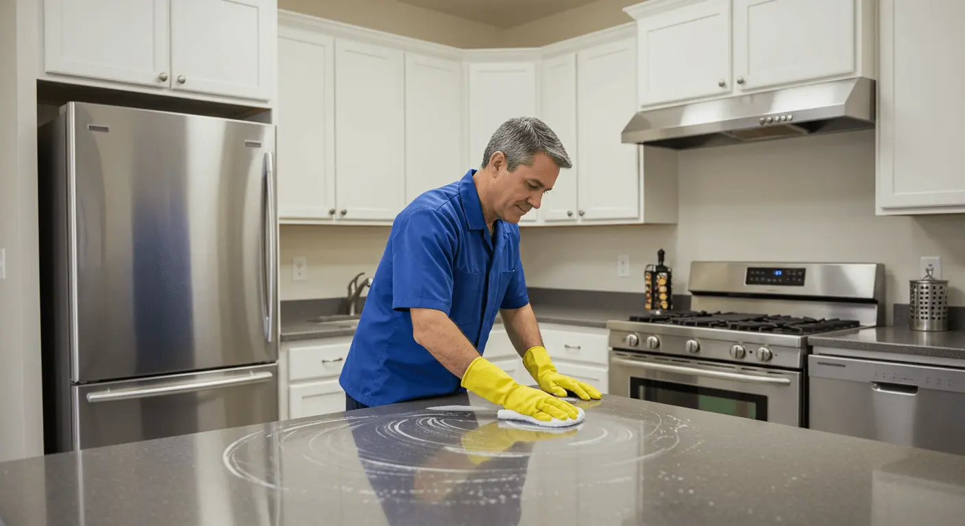 Professional bond cleaner scrubbing kitchen countertop in Cairns