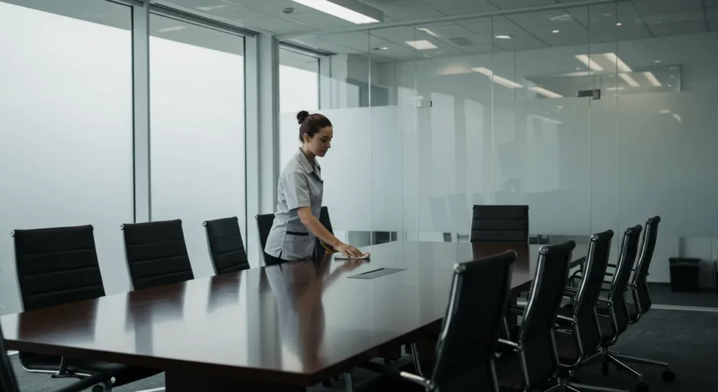 Cleaner preparing meeting room table in Cairns office