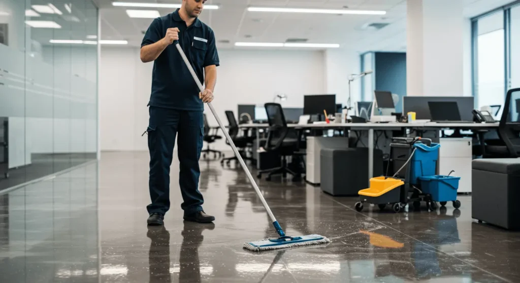 Cleaner mopping polished office floor in Cairns commercial space