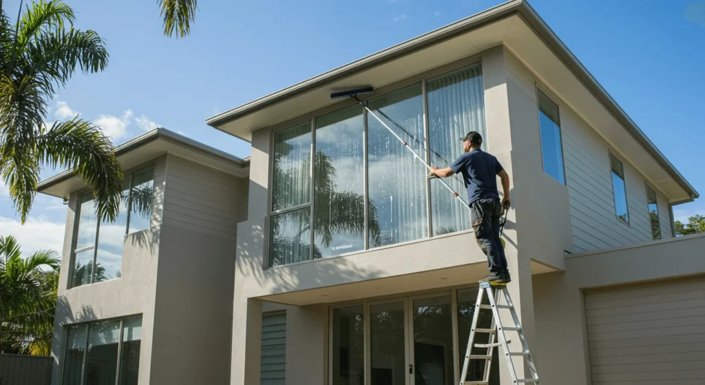Professional cleaner using pole squeegee for residential window cleaning in Cairns