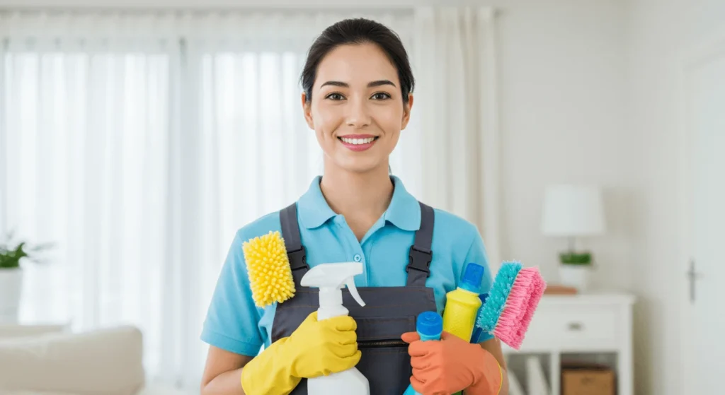 Professional bond cleaner in Cairns smiling with cleaning supplies in a spotless home