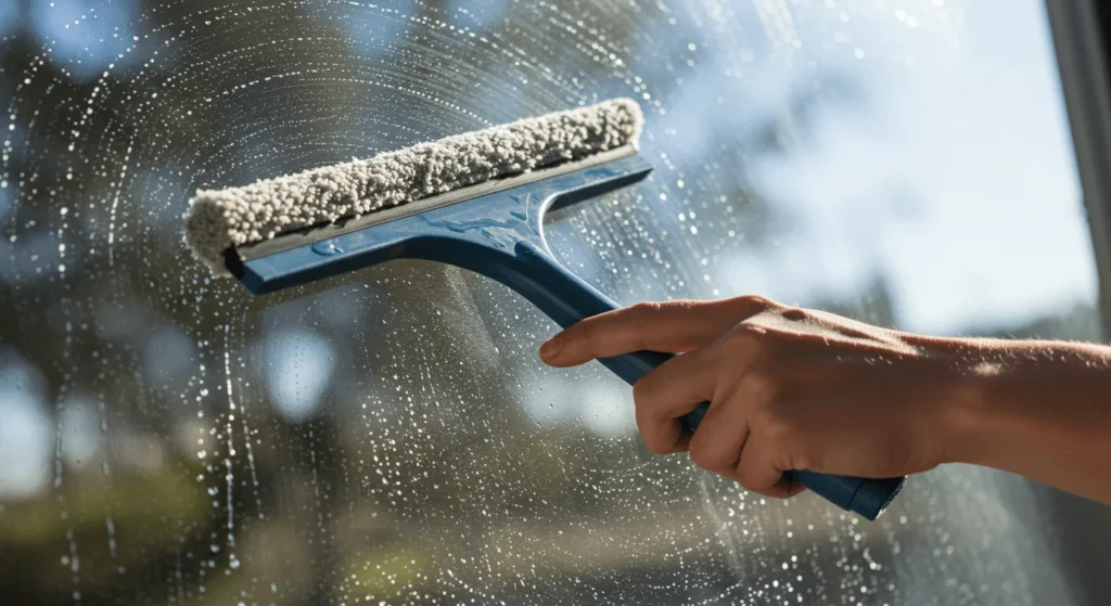 Close-up of squeegee wiping glass window, streak-free window cleaning in Cairns